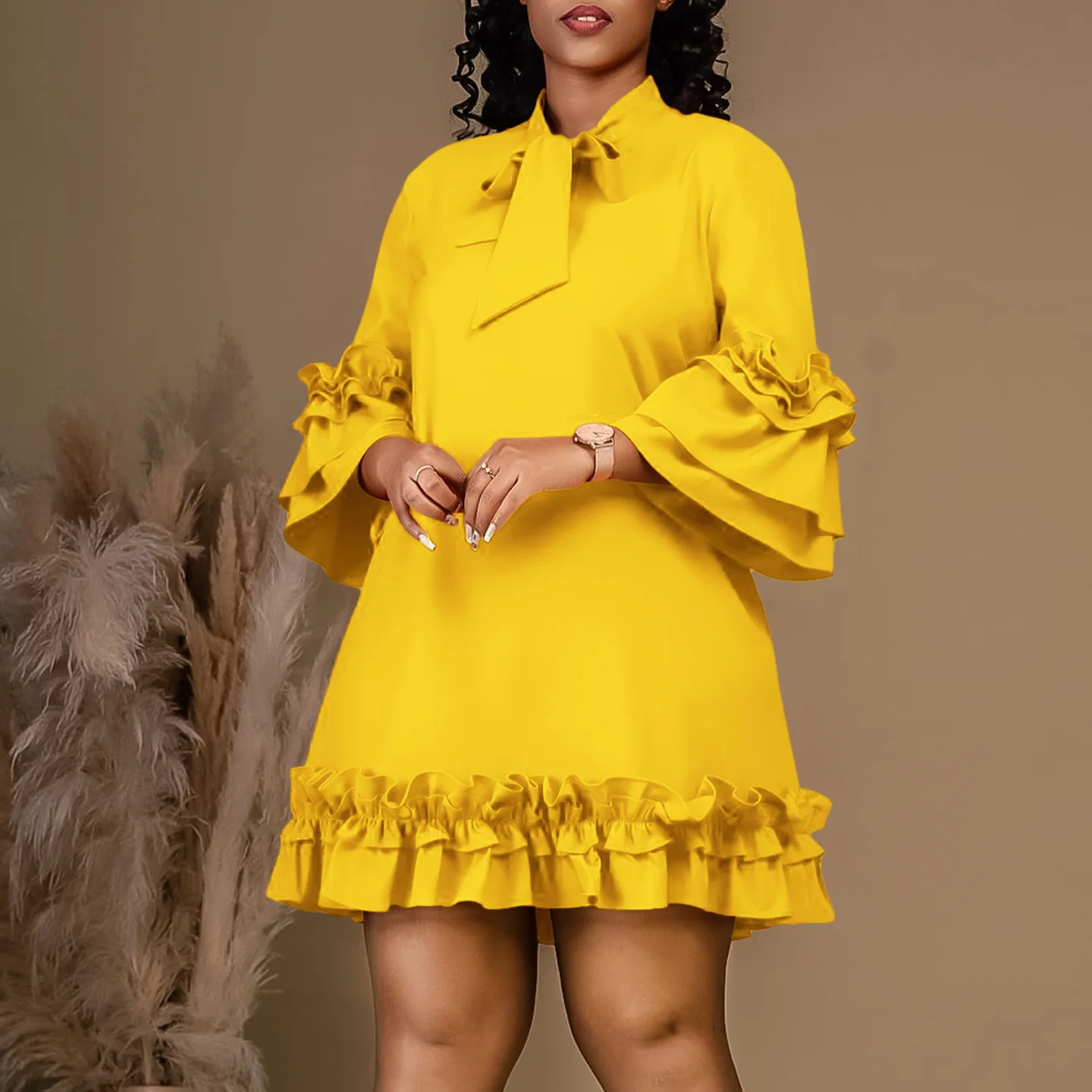 

Fashion Elegant Ruffle Party Women Pleated Dresses Bow Collar Spring Summer Ruched Mini Evening Work Business Loose Robe Femme