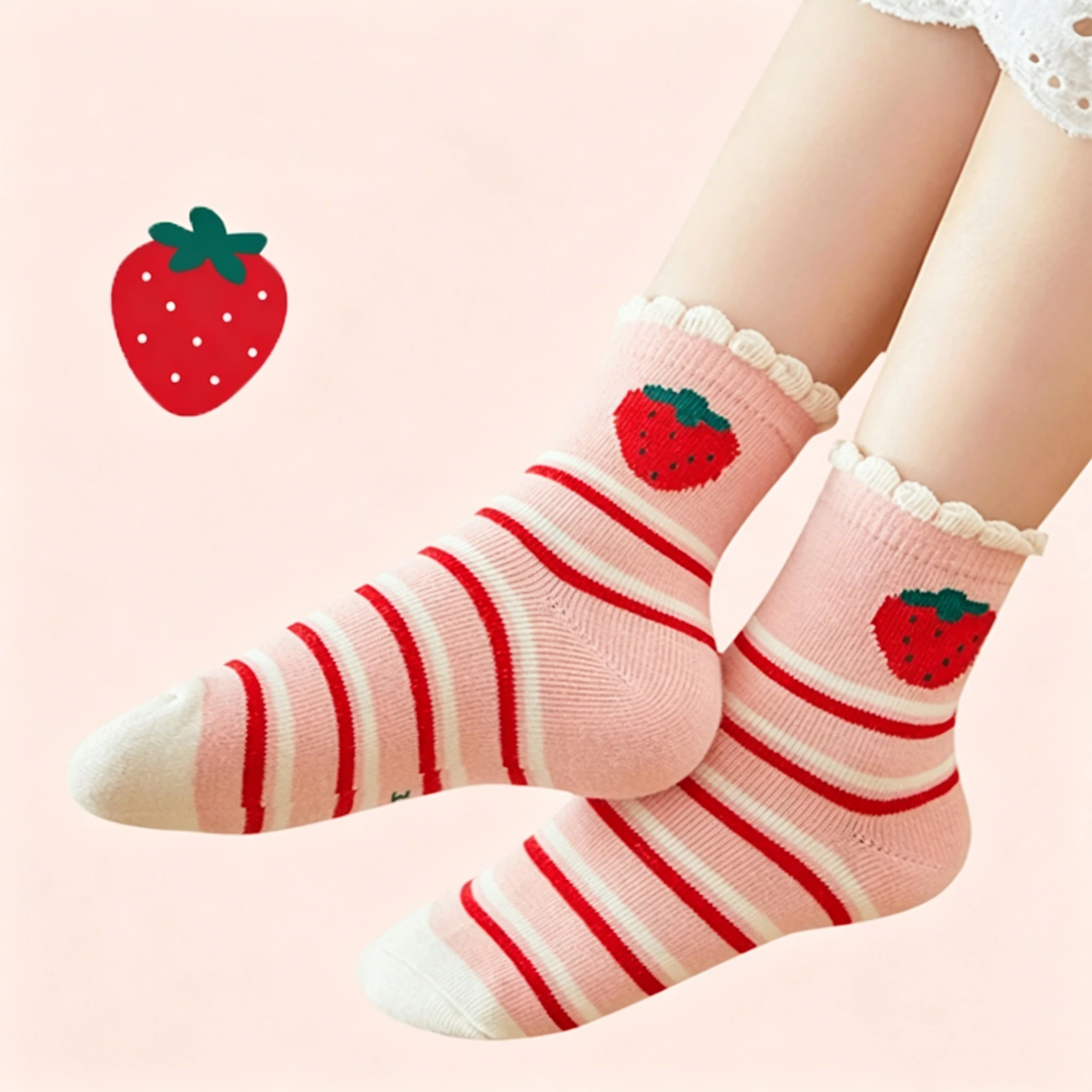 5 Pairs/Lot Kids Girls Crew Socks Cute Strawberry Cartoon Ruffle Frill Cuff Flat Knit Socks Soft Breathable All Season Children
