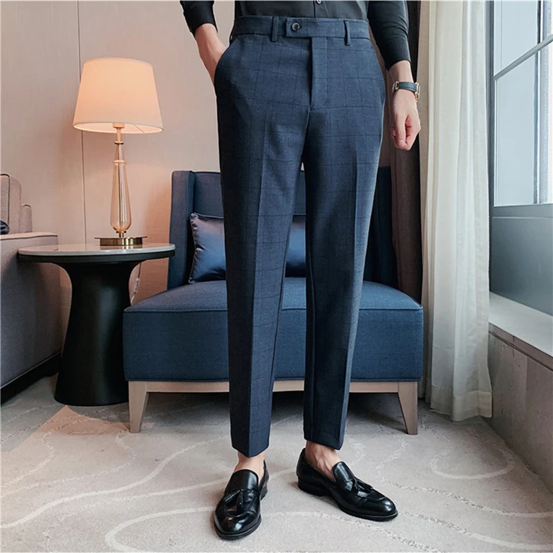 

2023 Autumn Winter Business Dress Pants Men Plaid Office Social Suit Pants Korean Fashion Casual Slim Fit Wedding Groom Trousers