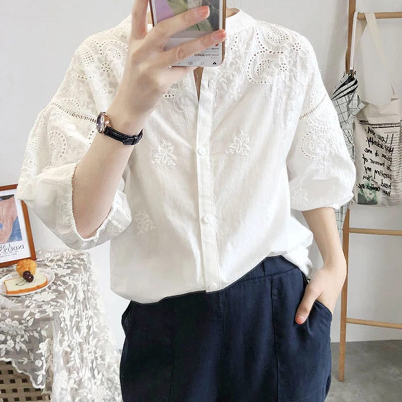 TEELYNN White Cotton Floral Embroidery Blouse Shirts for Women Tops Vintage Shirt Blouses Summer 2023 Boho Casual Ladies Blusas