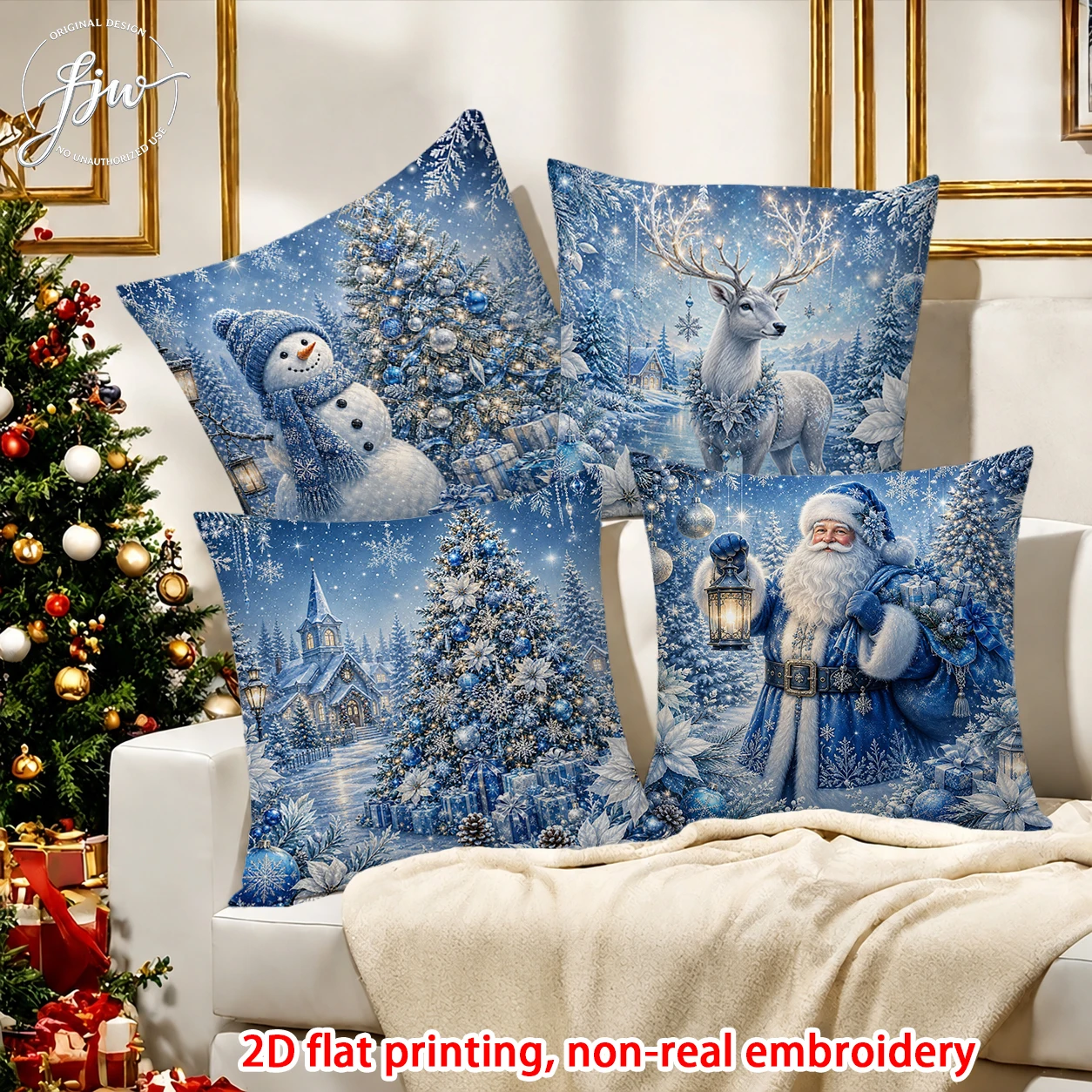 4pcs Christmas Throw Pillow Covers Xmas Holiday Cushion Cases for Sofa Christmas Tree Santa Snowman Reindeer Designs