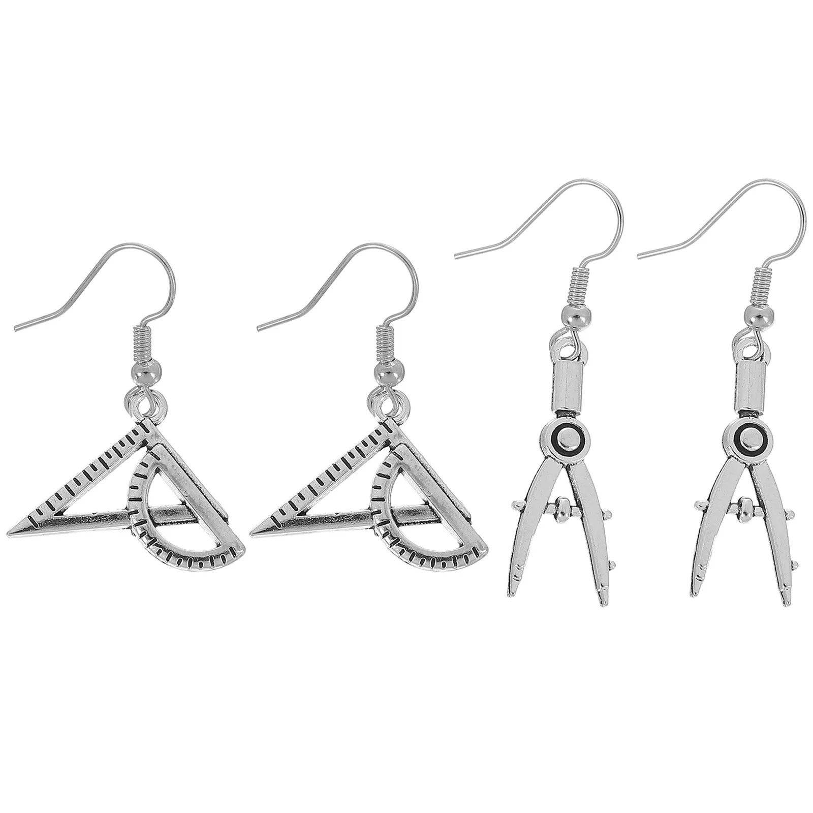 2Pairs Premium Alloy Triangle Ruler and Compass Earrings Dangler Fashion Jewelry for Ladies Everyday Wear Birthday