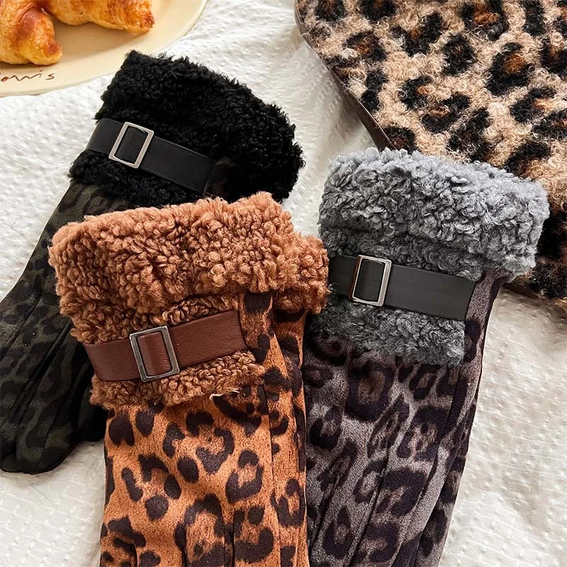 New Arctic Velvet Leopard Print Gloves for Autumn and Winter, Warm and Cold Resistant, High-end Outdoor Women's Finger Gloves