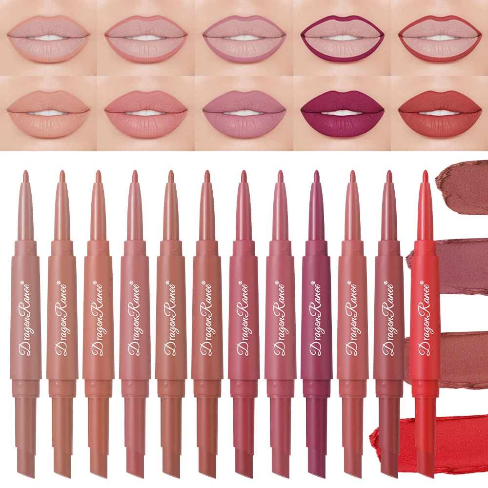 12 colors 2 in 1 Double-head MatteLipstick Pencil Lip Pencil  Long Lasting Vegan Lip Liner and Gloss Kit for Colorful and Define