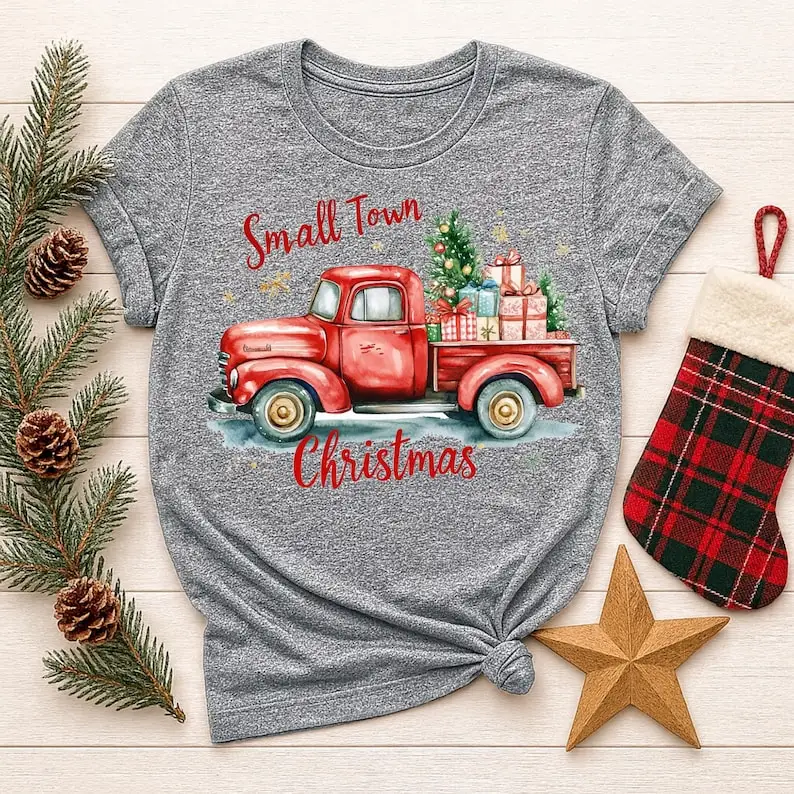 Christmas Red Truck Women Cotton Shirts Small Town Holiday Design Cute Christmas Gift Printed T-shirt Tops Unisex Short-sleev