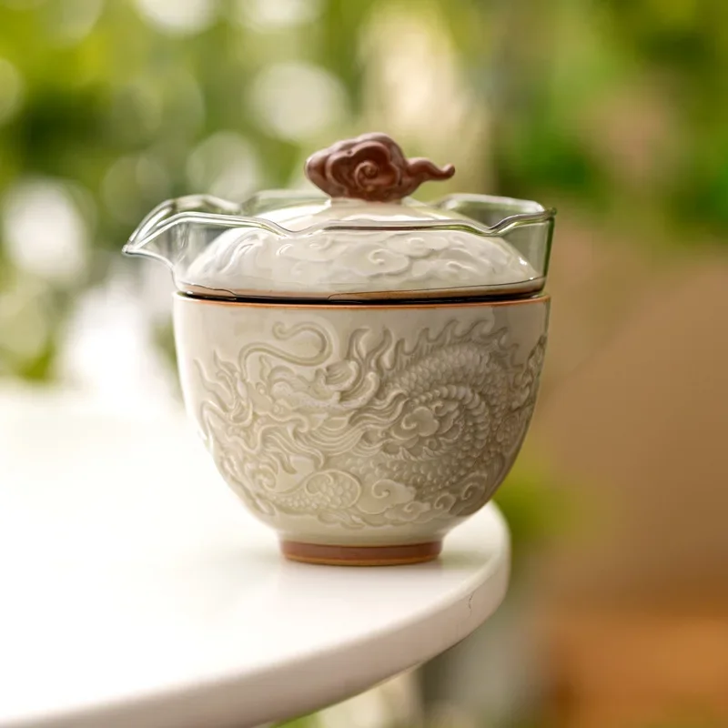 

Teaware Set Portable Outdoor Travel Teaware Ceramics Auspicious Clouds Dragon Single Person Brewing Teapot Tea Cup Set