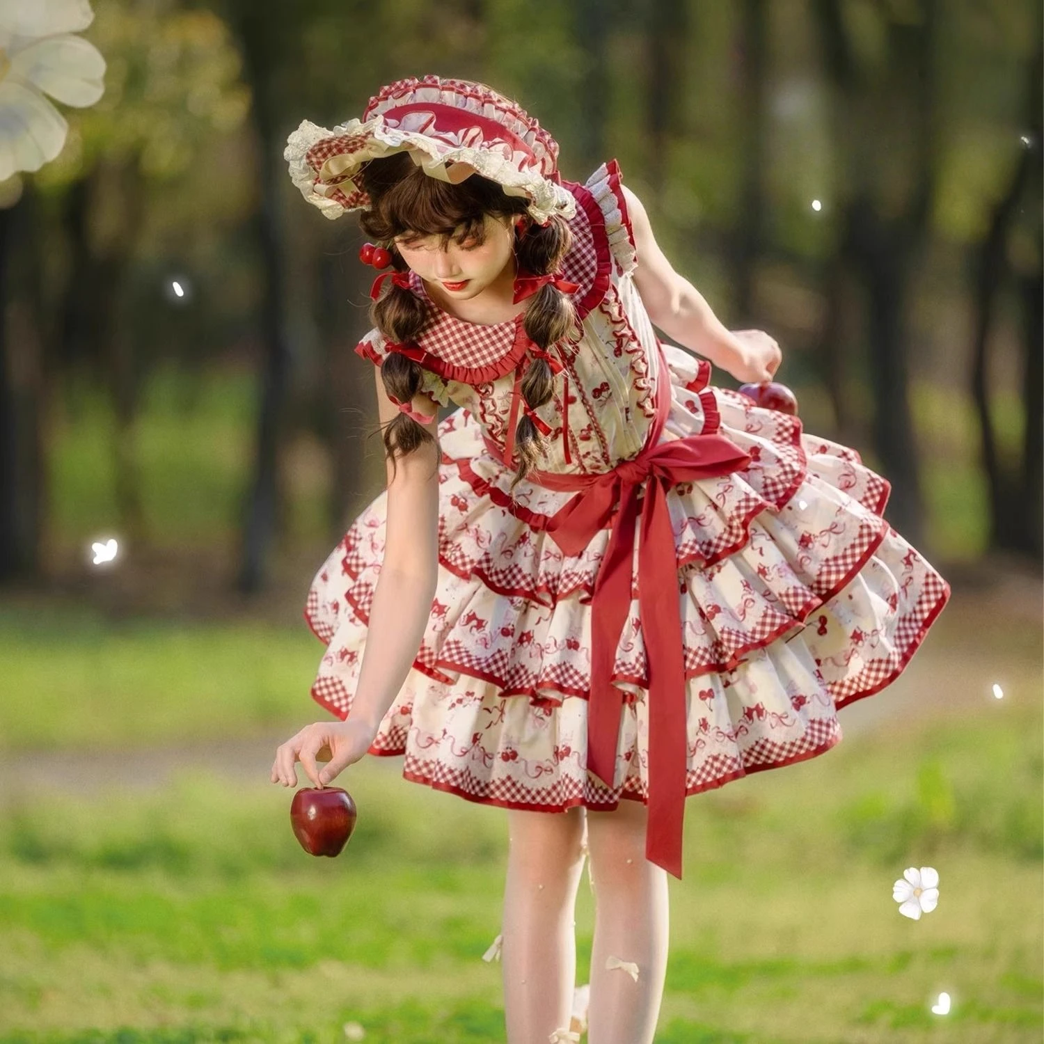 

MAGOGO Cherry Ripe Short Lolita Skirt Set Women Cute Sweetheart Cherry Printed Red Cake Skirt + Y2k Doll Collar Sleeveless Top