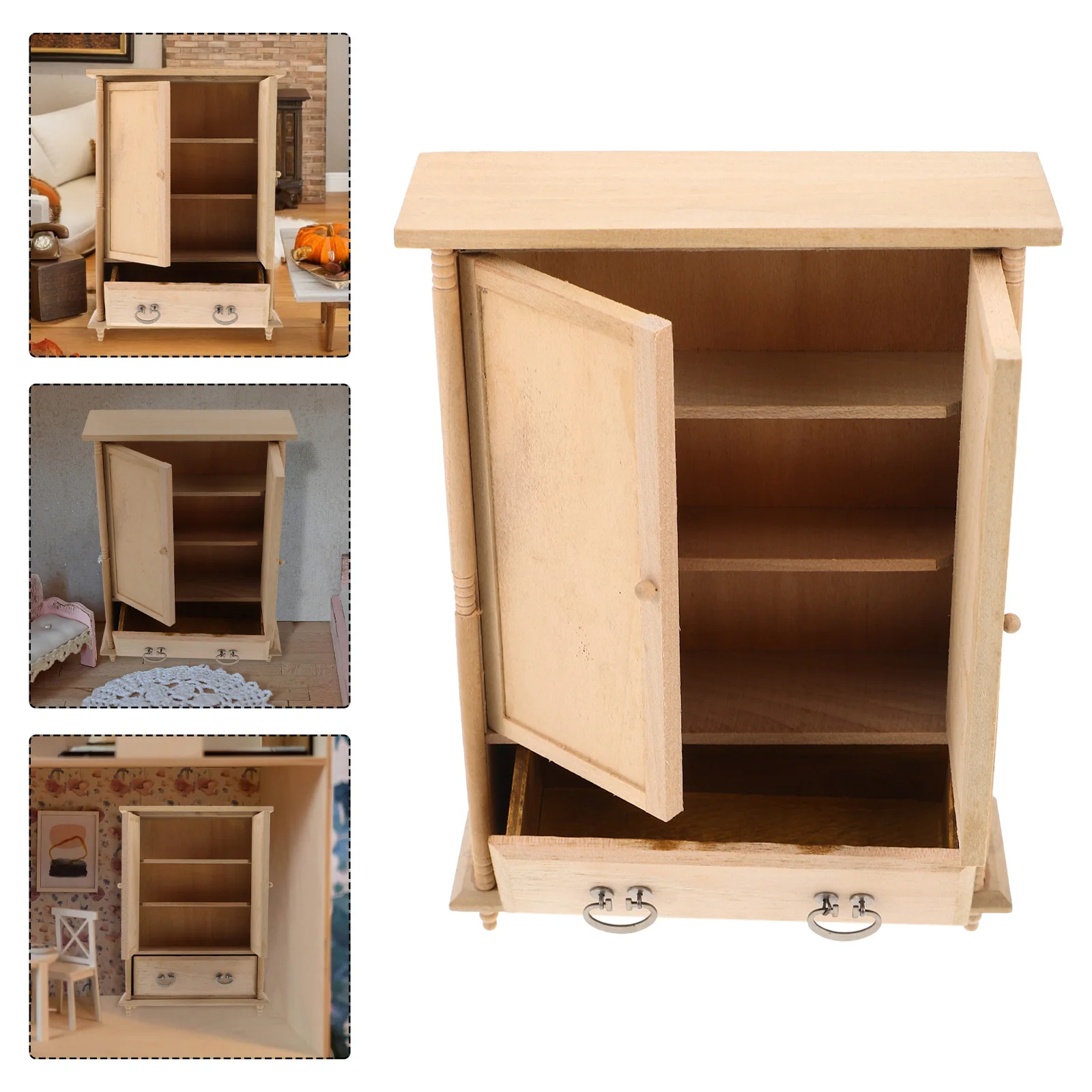 1:12 Scale Dollhouse Wardrobe Miniature Bedroom Furniture Wooden Vintage Cabinet Beige Unfinished Creative Decoration