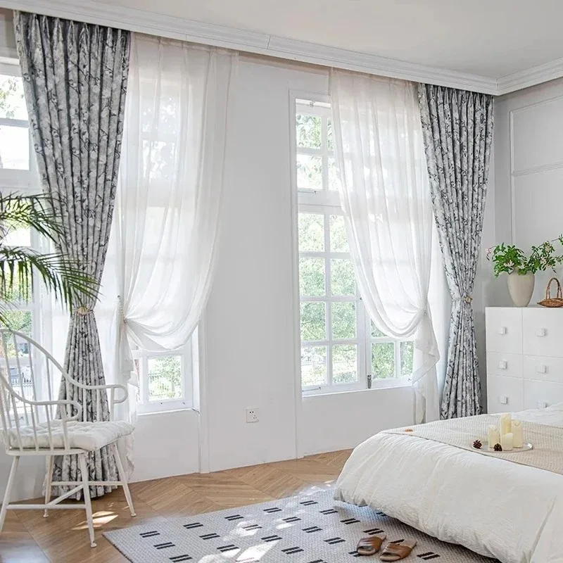 

Chinese Vintage Snow Luxury Chenille Cashmere Jacquard Curtains for Living Room Bedroom Full Blackout Custom White Tulle Decor.