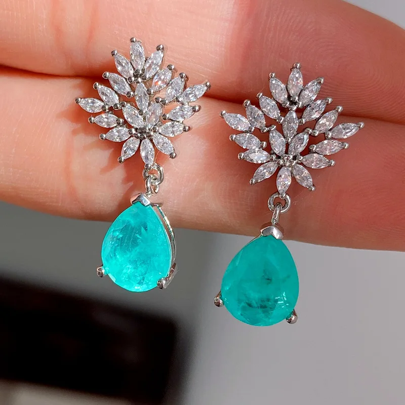 925 Sterling Silver Paraiba Gemstone Drop Snowflake Crystal Pendant Earrings 2022 Trend Necklace Jewelry Set Women Cocktail Gift
