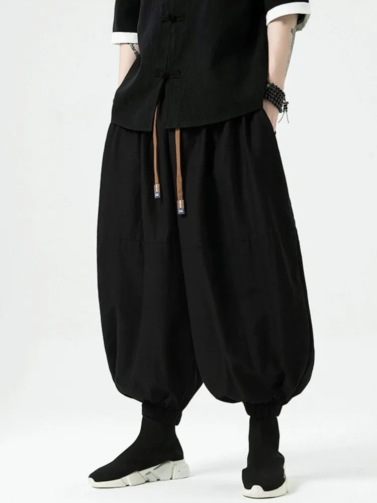 

Мужские новые широкие брюки в китайском стиле, модные льняные хлопковые брюки-галифе с манжетами, длинные брюки