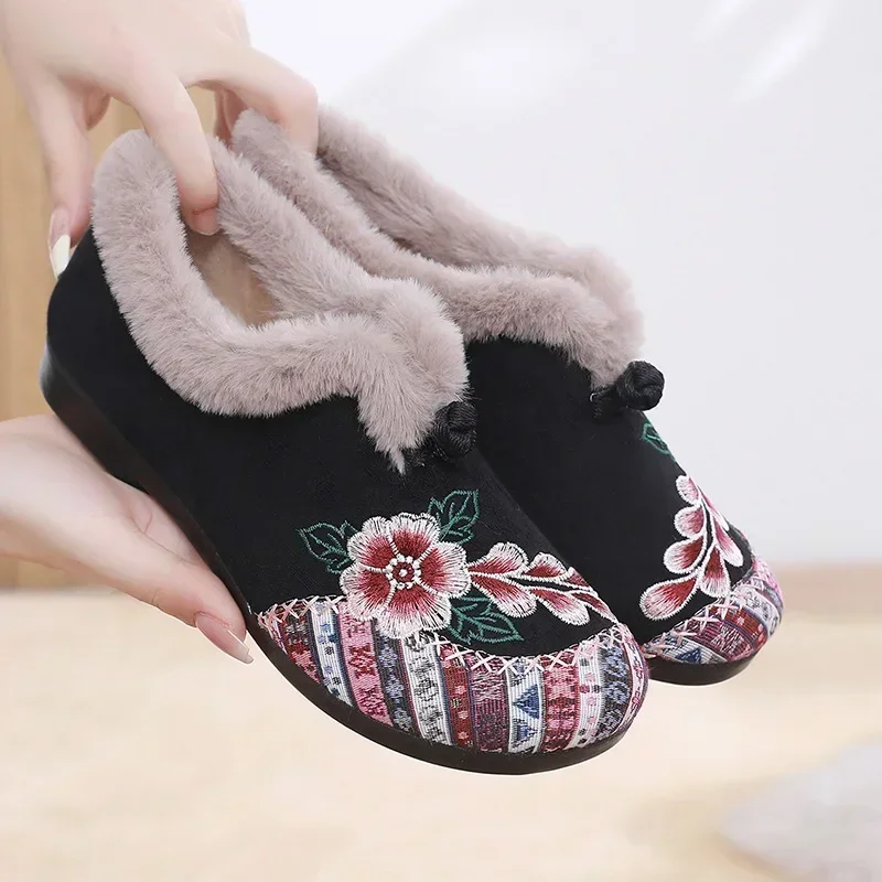 Comemore Women Short Plush Warm Winter Cotton Shoe Ethnic Embroidered Round Toe Flat Heeled Loafers Comfort Retro Mom Shoes