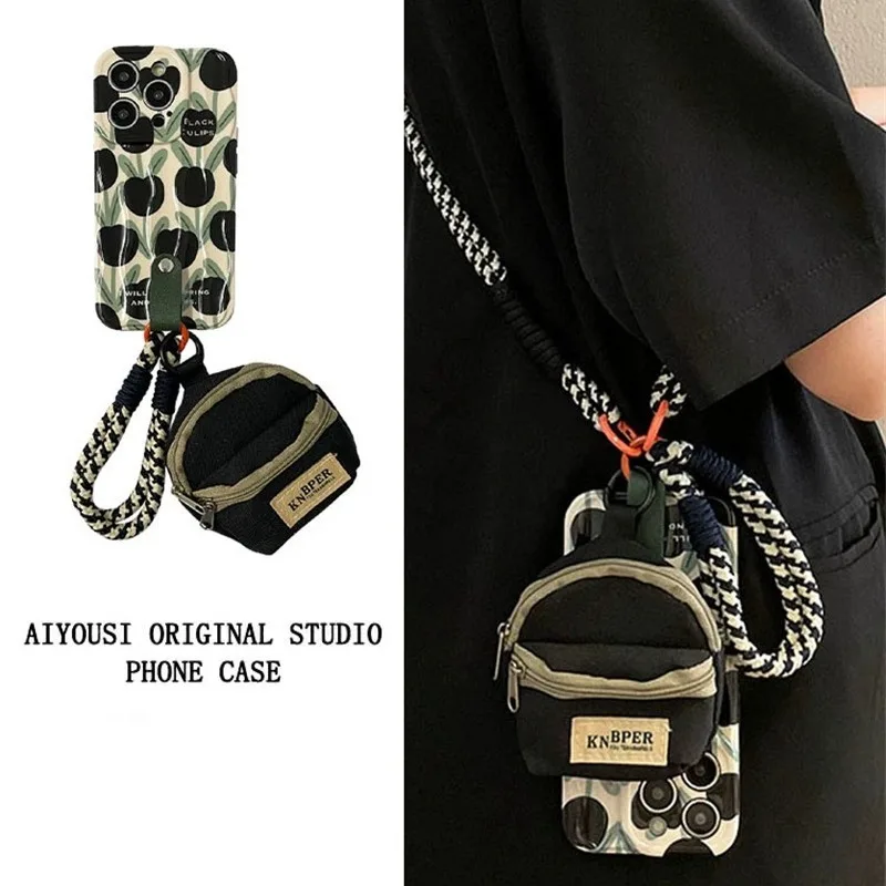 New Suitable for iPhone 15 Flower Strap Phone Case 14promax Crossbody 13pro Multi Functional Small Book Bag 12 Protection Cover