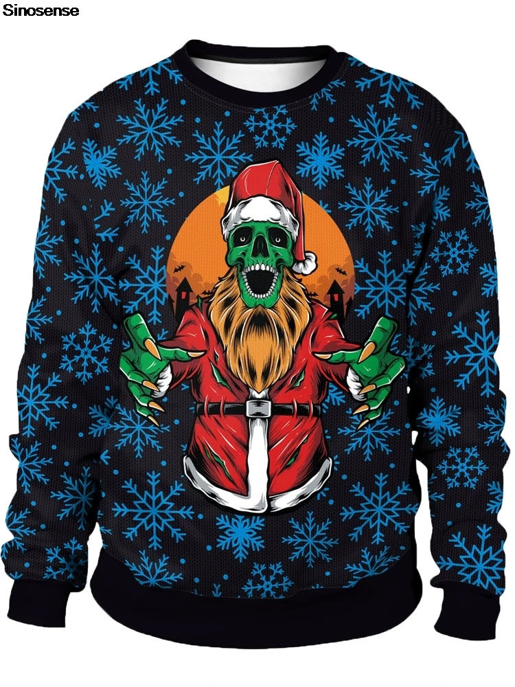 Men Women Santa Skull Xmas Sweatshirt 3D Snowflakes Print Ugly Christmas Sweater Pullover New Year Eve Holiday Party Jumper Tops