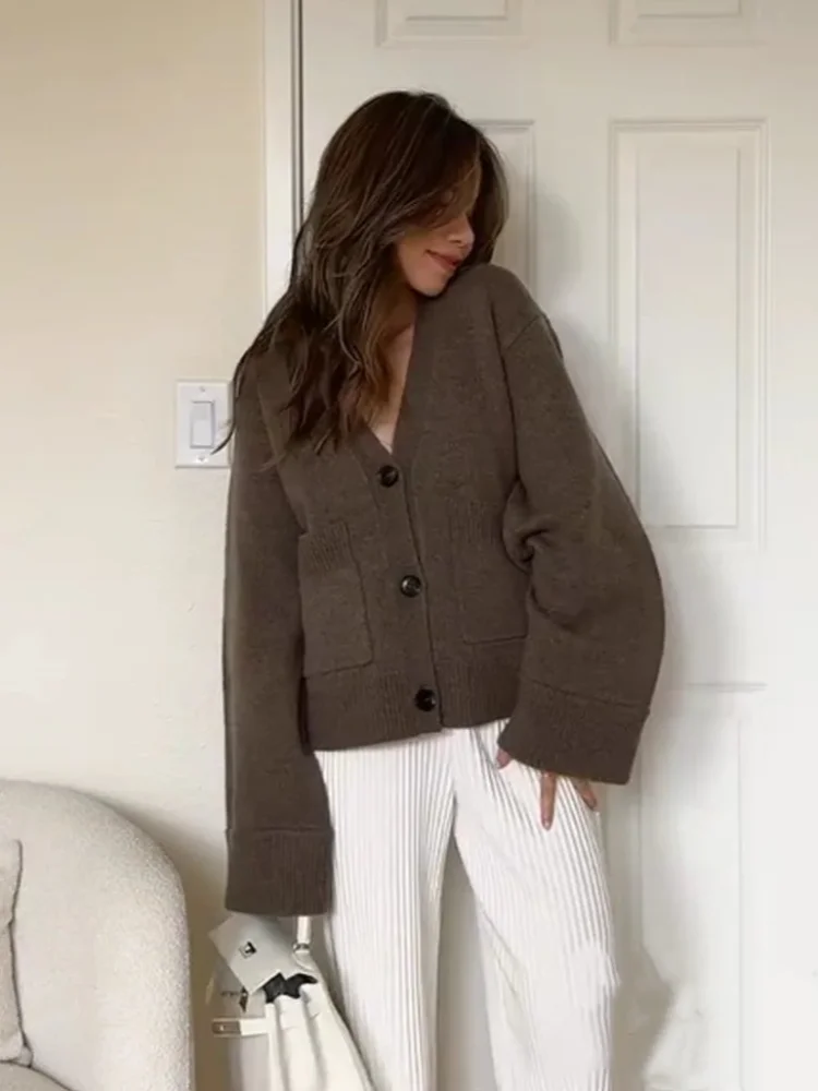 Vintage Knit Cardigan Women Casual Loose Big Sleeves V Neck Pockets Sweater Female 2025 Autumn Winter Solid Fashion Knitwears