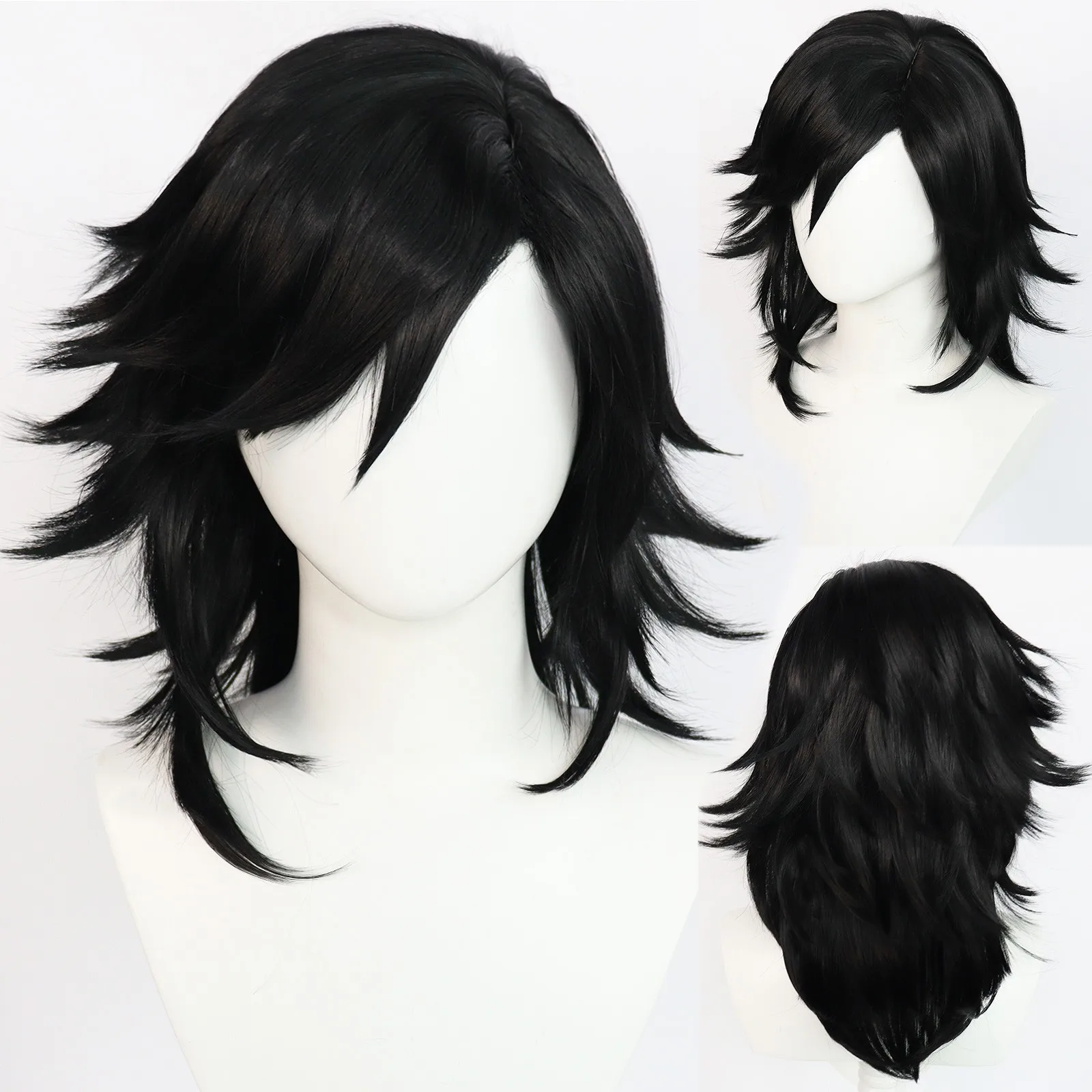 Synthetic 18inch Medium Length Black Straight Spiky Layered Alucard Cosplay Wig with Oblique Bangs for Halloween Christmas