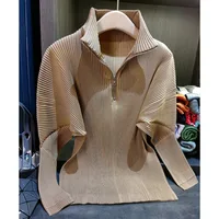 Miyake Pleated Sweatshirt Pit Stripe Zipper Standing Collar Jacket Women 2025 New Casual Pullover Hundred Pleat Skinny Tops - Image 5