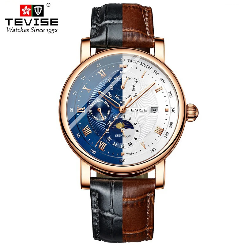 

TEVISE T867A Watch Wristwatch Automatic Mechanical Movement Moon Phase Complete Calendar Week Display Hardlex Water Resistant