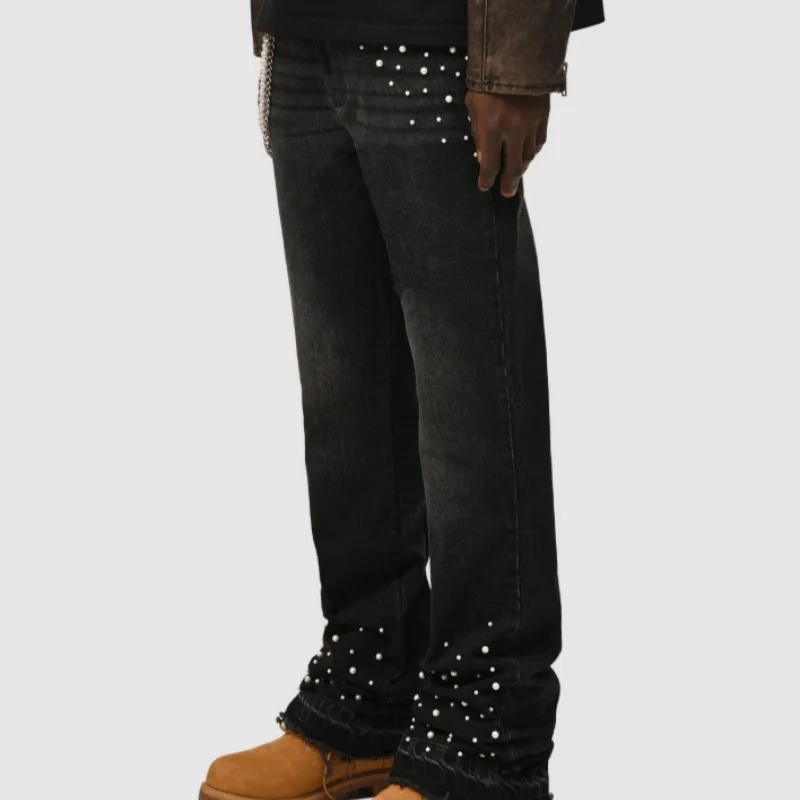 

2025 New American Retro Pearls Stacked Jeans Men Straight Leg Stretchy Denim Bottoms Male's New Fashion Clothes