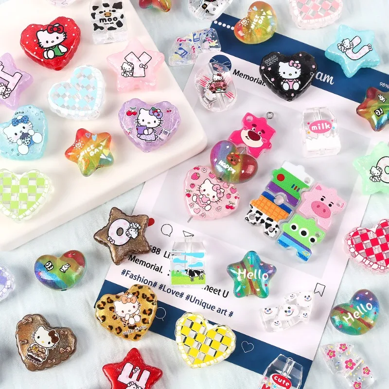 

Hello Kitty акриловая печать с героями мультфильмов, прозрачные тонкие блестящие бусины Kt Cat через отверстие, аксессуары для ручек для мобильного телефона «сделай сам»