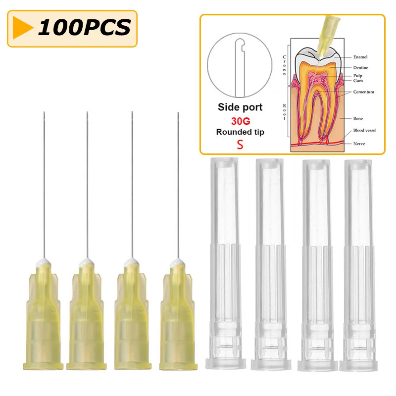 100Pcs Irrigation Needle Dental Sterile Endodontic Irrigation Needle Tips 30Ga Plain Ends Notched Endo Needle Tip Syringe