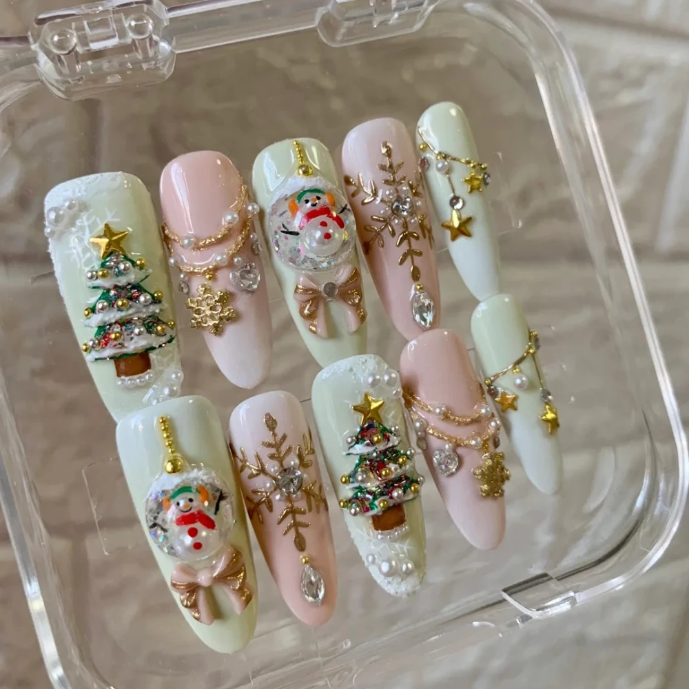 10Pcs Press On Nails Christmas New Nails Ballet Style Handmade Cute Snowman 3D Long Oval Fake Nails Design Art DIY Nails