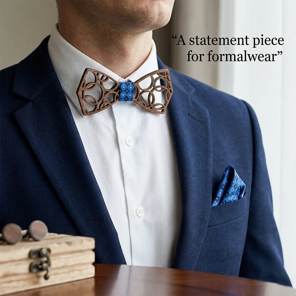 Mens Wood Bow Tie Set Cufflinks Pocket Square Lapel Pin Box - Boho Groom Formal Wear Custom Engraved Keepsake Birthday Gifts