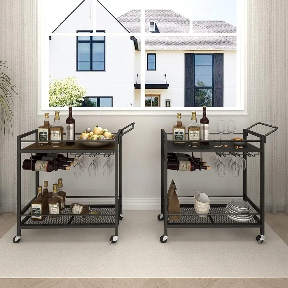 

Bar Cart, Two-Color Home Bar Serving Cart, Mobile Drink Beverage Cart with 2 Storage Shelves, Rolling Kitchen Cart