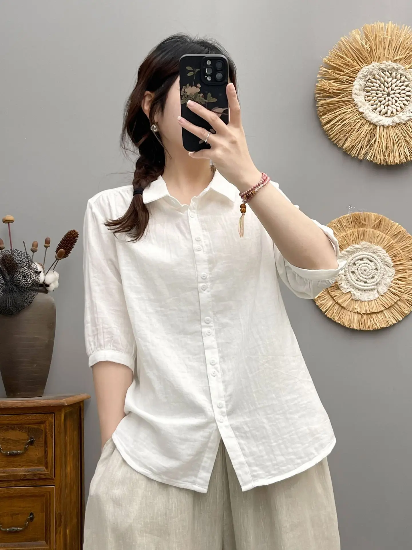 Korean Summer New Simple Short-sleeved Shirt for Women's Mid-sleeved Double-layer Cotton Yarn Soft and Casual
