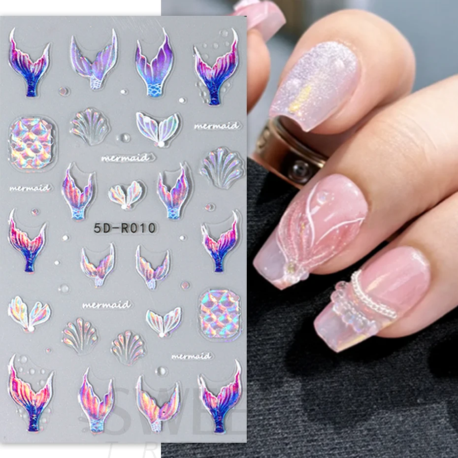 Blue Mermaid Tail 5D Embossed Nail Stickers Jellyfish Shellfish Dreamy Ocean Animal World Design DIY Summer Sea Manicure Decor