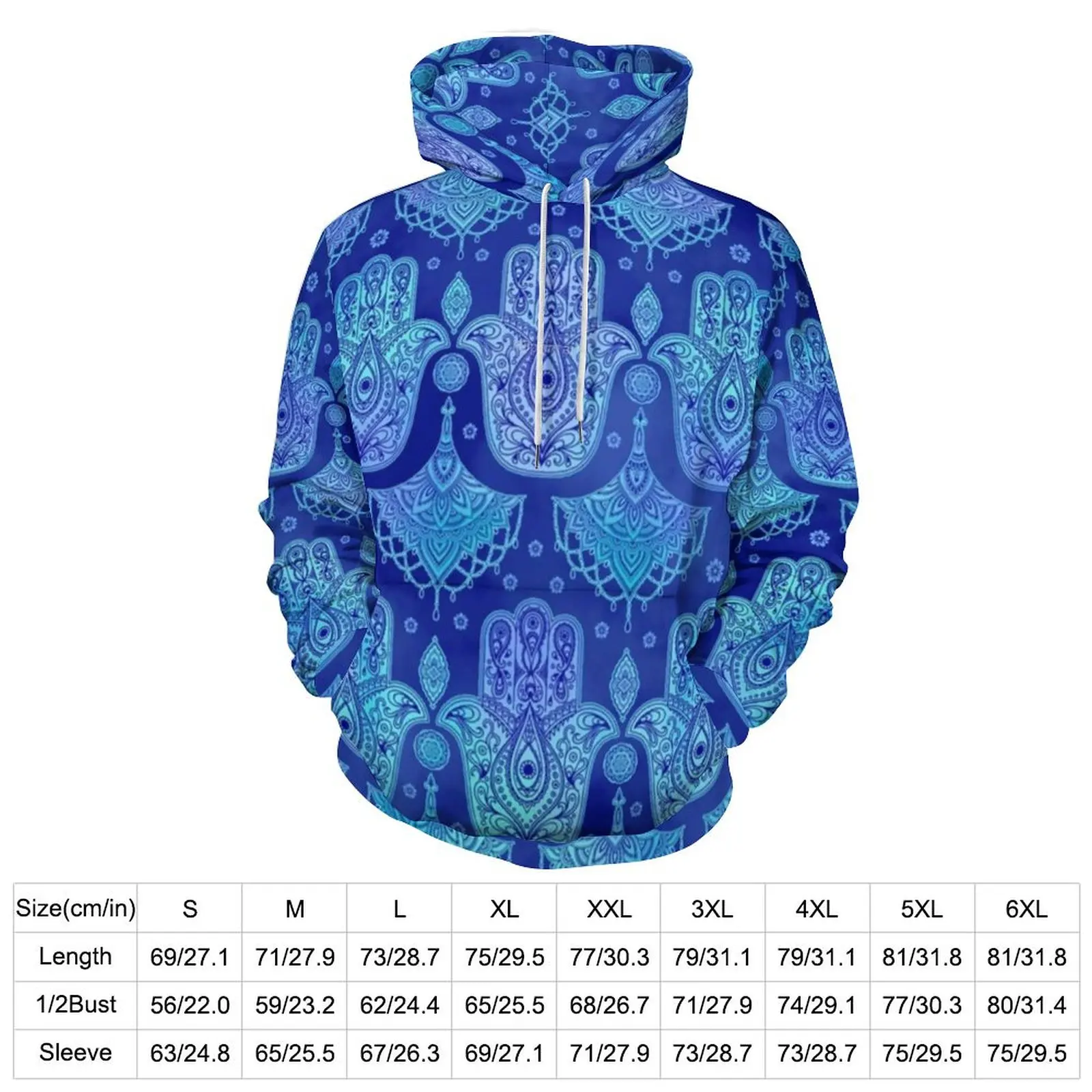 Hamsa Hand Loose Hoodies Blue Watercolor Hip Hop Hoodie Couple Long Sleeve Oversized Street Fashion Graphic Top