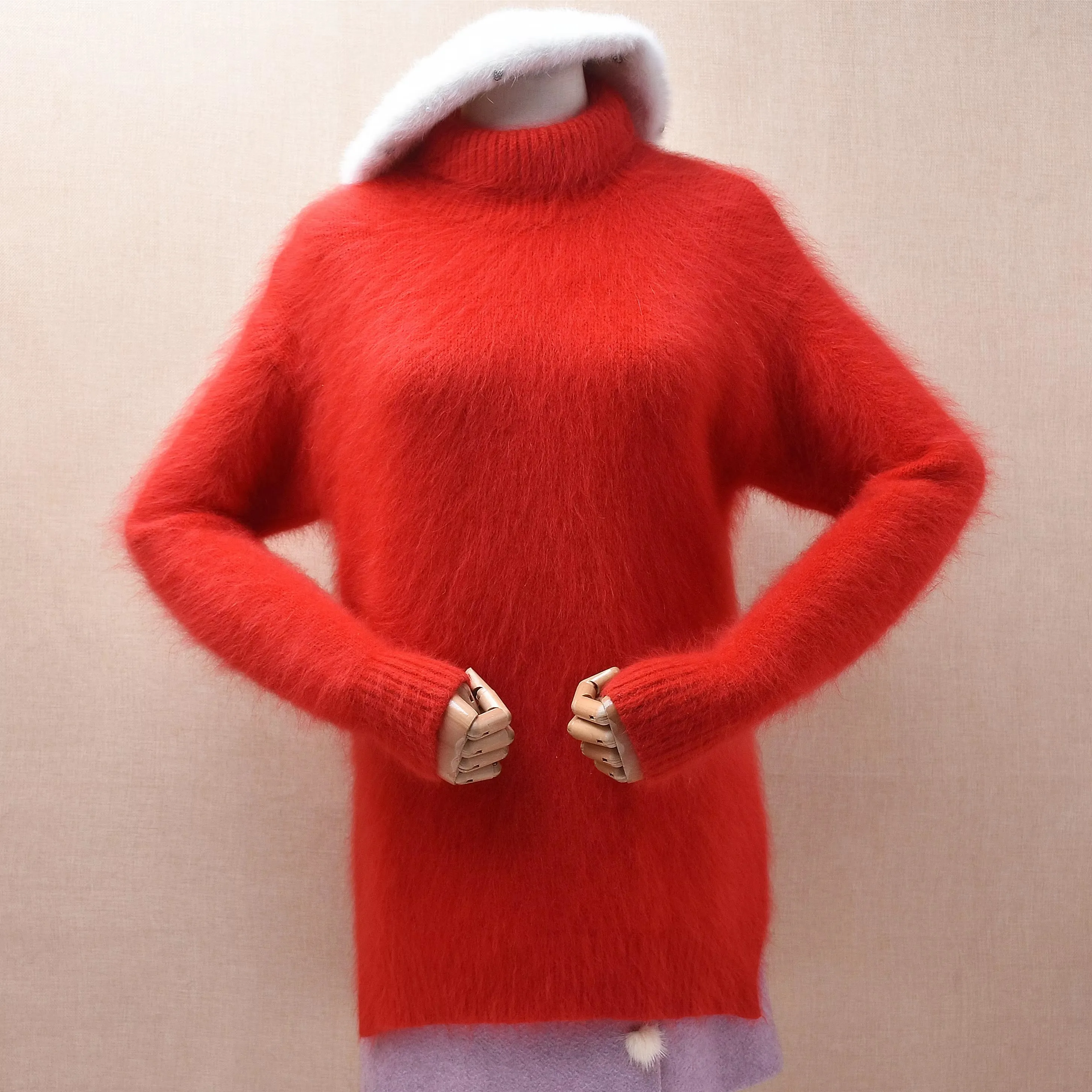 

Женская красная плюшевая норковая кашемировая водолазка с длинным рукавом, вязаный свитер, осень-зима, свободный пуловер с разрезом, модный женский джемпер