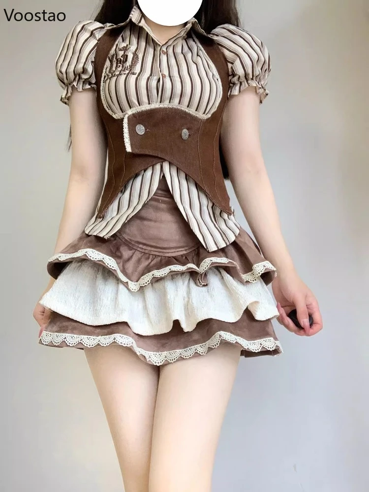 Ensemble de jupe de style Lolita douce japonaise pour femmes, chemise à rayures Kawaii, volants en dentelle en Y, mini jupes de gâteau trempées, tenues coréennes Y2K