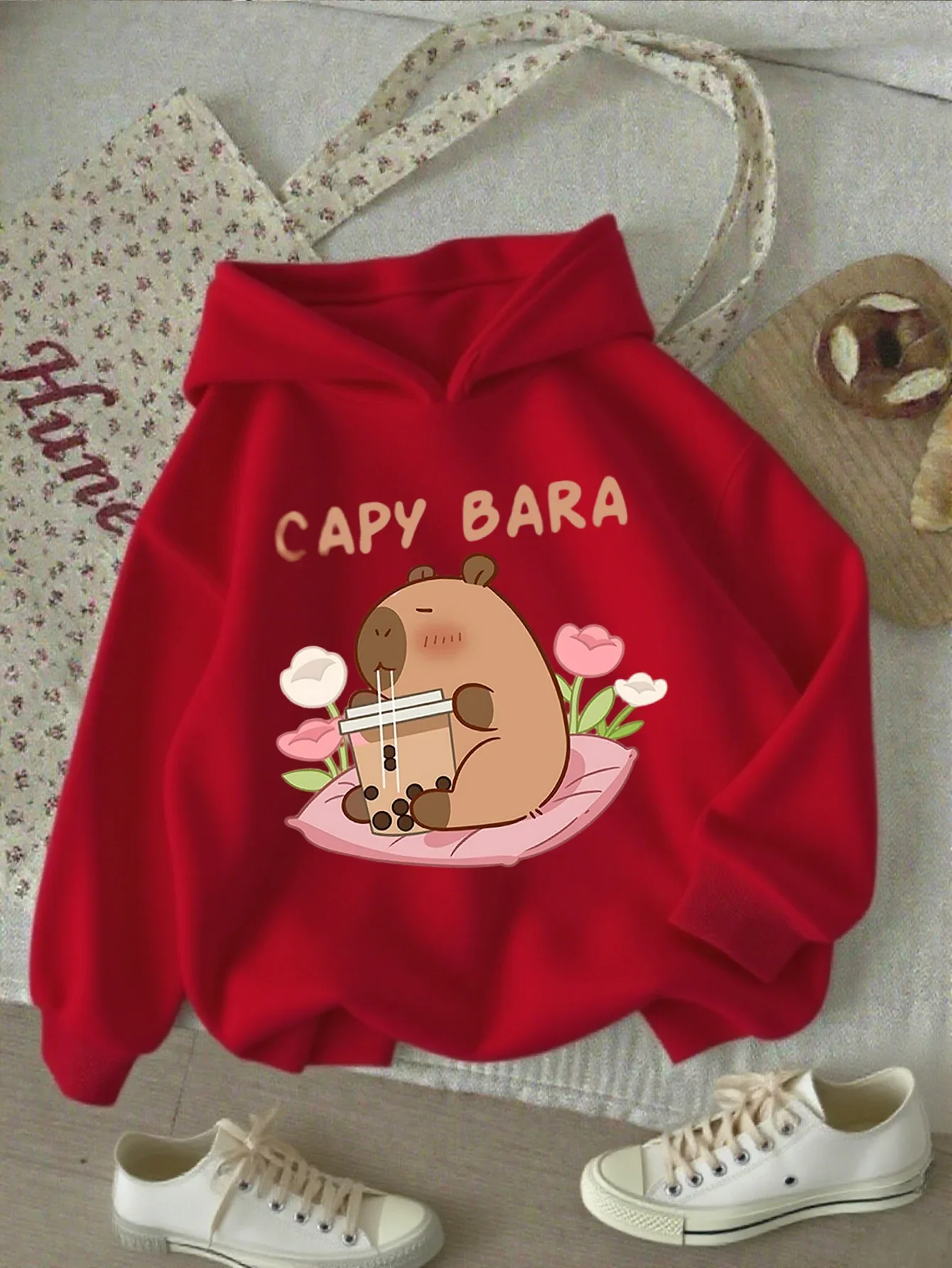 Kawaii Style Kids Hoodie Autumn Winter Fleece Warm Sweatshirt Capybara Drinking Bubble Tea Cartoon Print Hooded