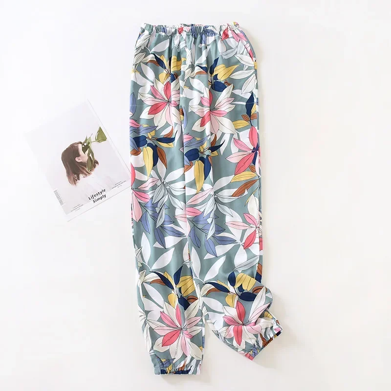 Japanese style cotton trousers ladies spring and summer thin section 100% cotton multicolor pajamas trousers anti-mosquito pants