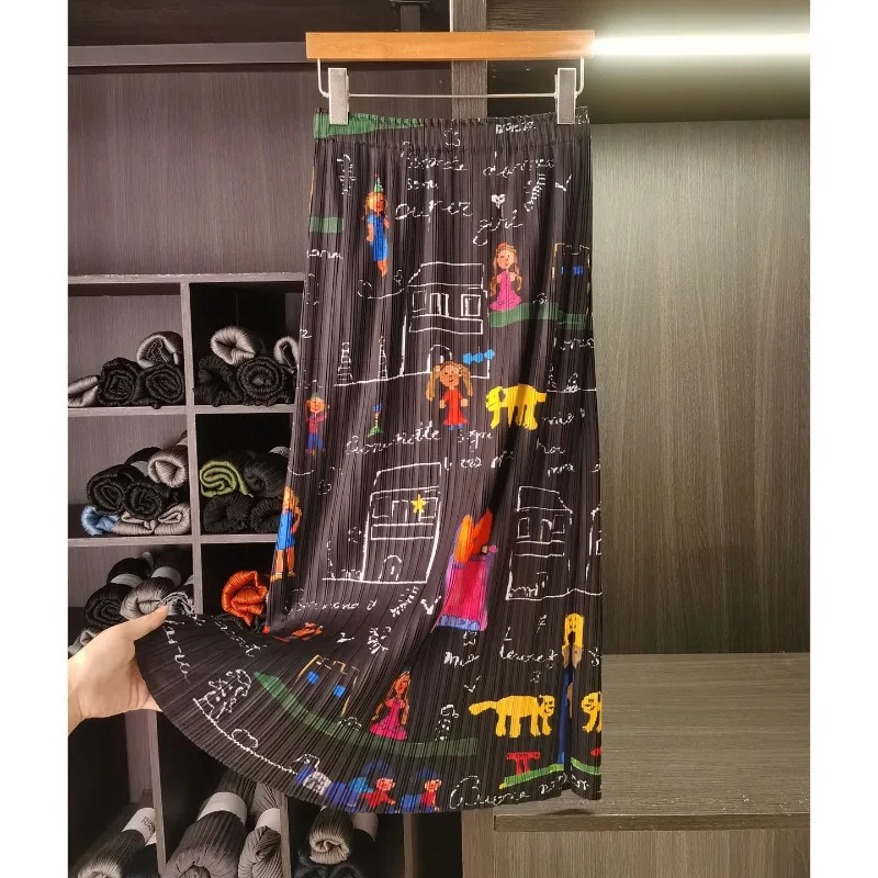 

Miyake Pleated Printed Skirt 2026 Summer New High-end Printed Pleats A-line Jupe Versatile Slimming Fold Mid-length Skirt Women