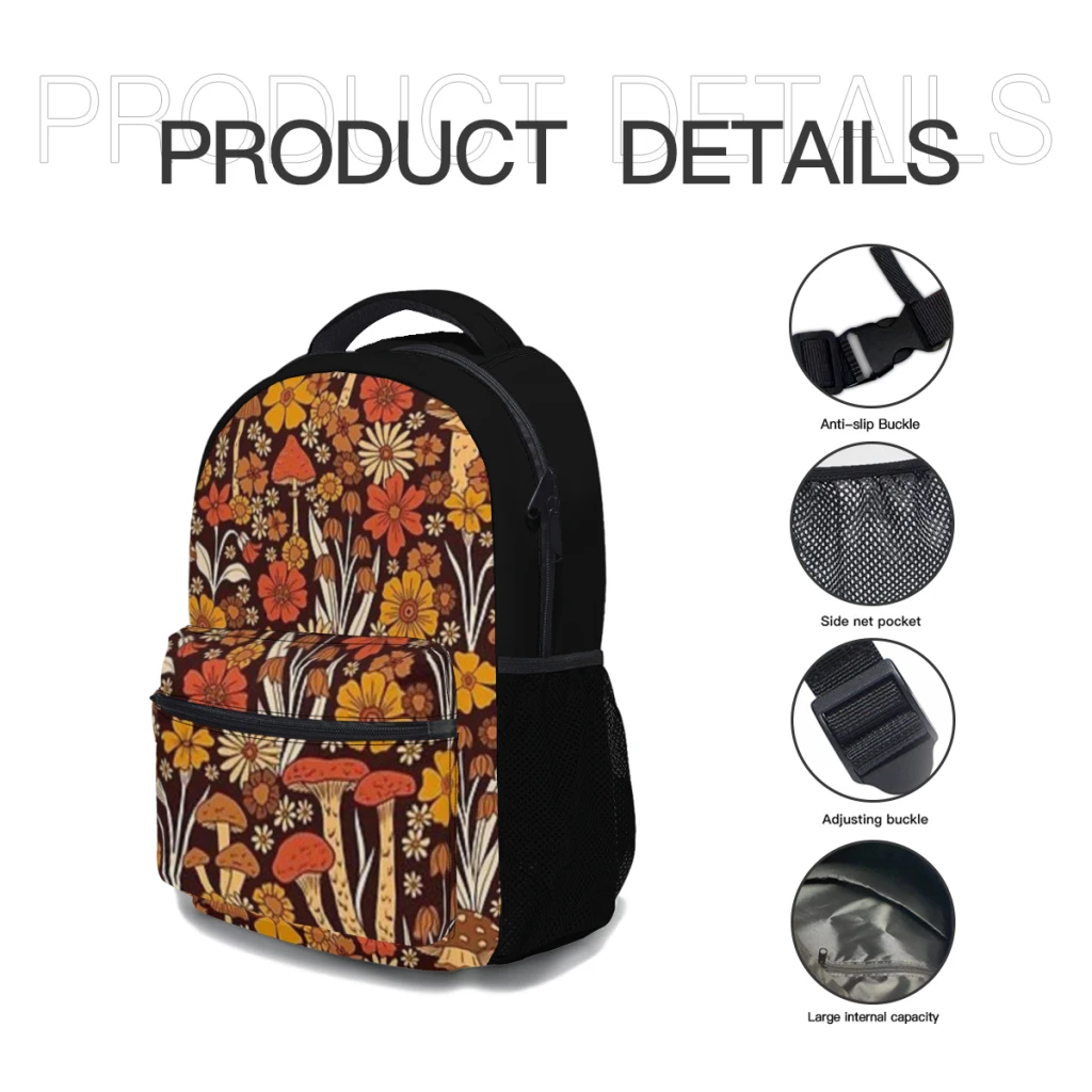 Bolsa de computador lavável impermeável de grande capacidade, marrom e laranja retrô, mochila versátil com cogumelos e flores, unissex