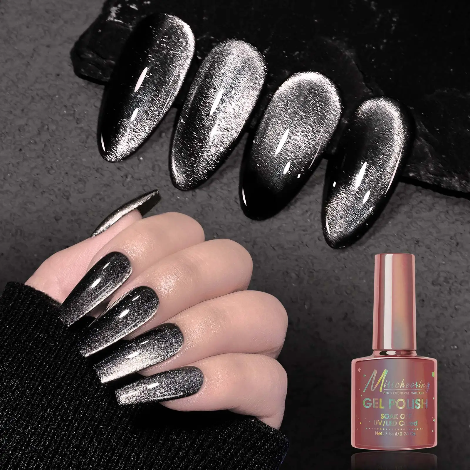 1 Bottle 7.5ml Black Spar Cat Eye Gel Nail UV Polish Gel Crystal Magnetic Nails Glitter Semi Permanent Soak Off Manicure Lacquer