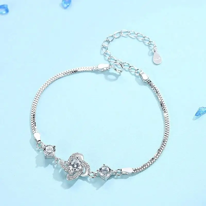 Delicate Heart Silver Bracelet Girls Sparkling Zircon Chain Gift Idea for Graduation Ceremonies