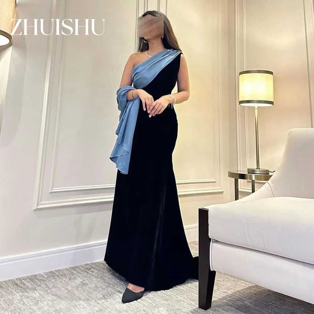 

ZHUISHU One Shoulder Saudi Evening Gown Blue and Black Semi-Mermaid Formal Event Dresses Customized Long Prom Party Dresses