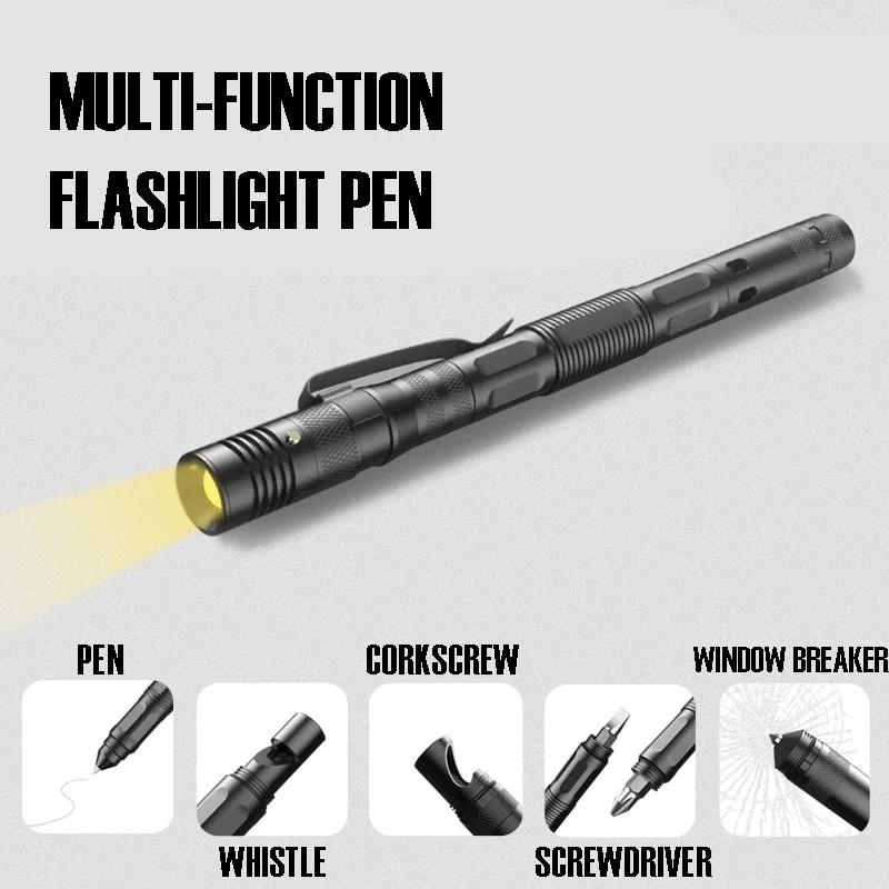 

Multifunctional Tactical Pen With Light Outdoor Self-Defense Flashlight Broken Window Cone Whistle Bottle Opener Screwdriver