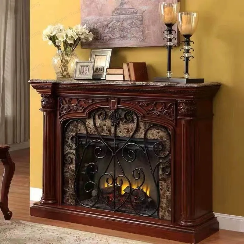 American solid wood fireplace carved wrought iron fireplace cabinet living room simulated flame TV cabinet electronic heater