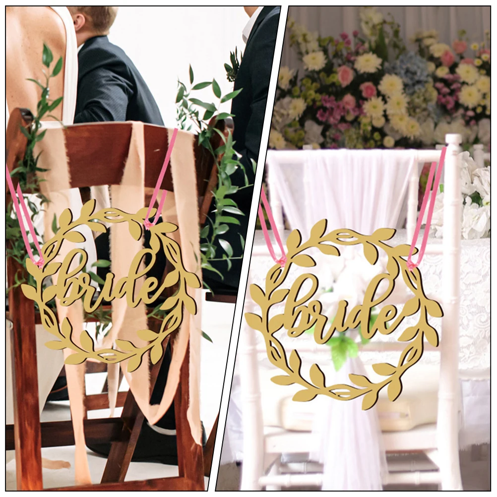 

2 Sets Wedding Chair Signs Bride Groom Natural Wood Pink Ribbon 2m Hanging Plaque Decorations Photo Booth Props