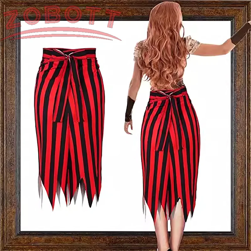 Fashionable Ladies Pirate Costume Dress Cartoon Striped Dress Halloween Cosplay Wonderful Set Skirts headscarves accessories