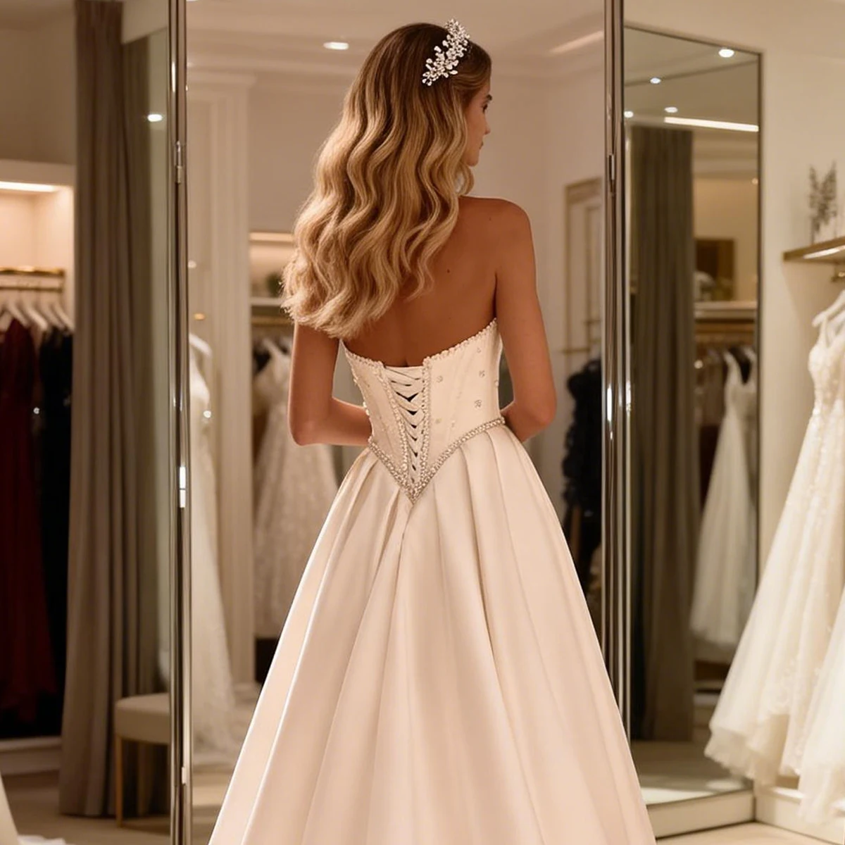 فستان زفاف رومانسي من الساتان واللؤلؤ على شكل قلب للنساء بدون حمالات لحفلات الزفاف الطويلة بدون ظهر #5