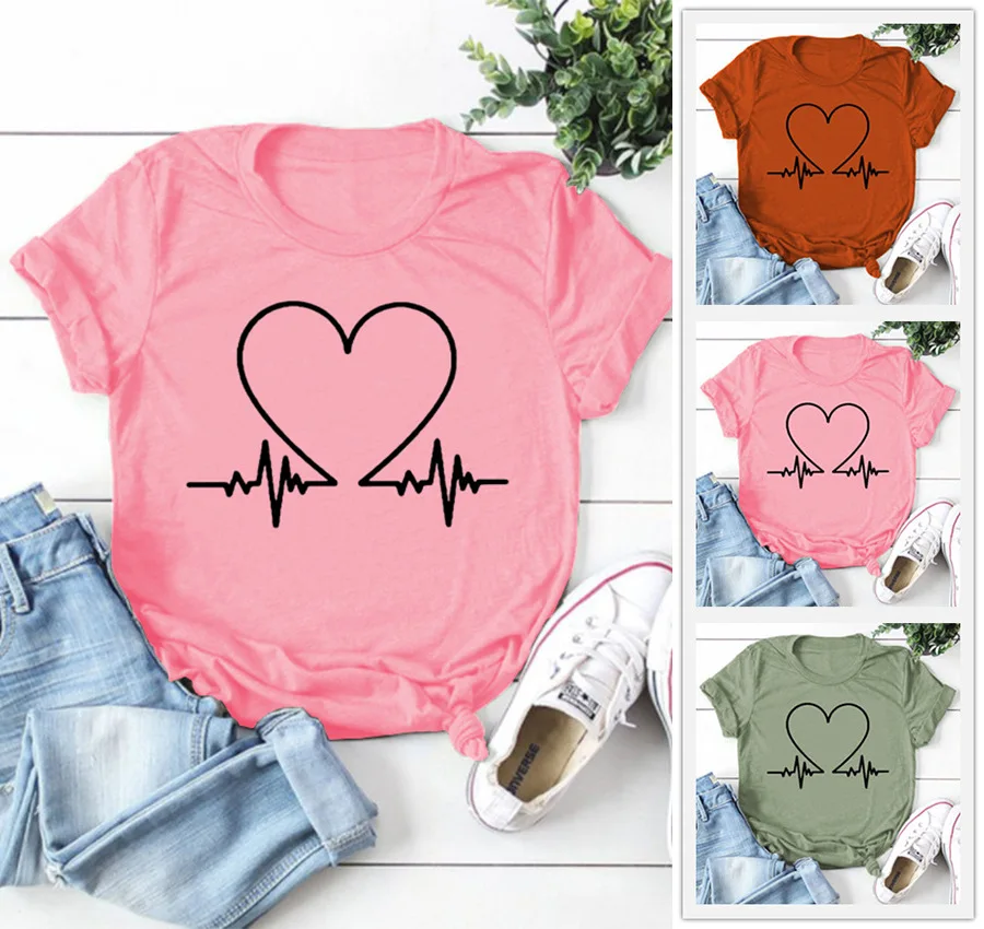 

Electrocardiogram Heart Print Women T Shirt Short Sleeve O Neck Loose Women Tshirt Ladies Tee Shirt Tops Clothes Camisetas Mujer