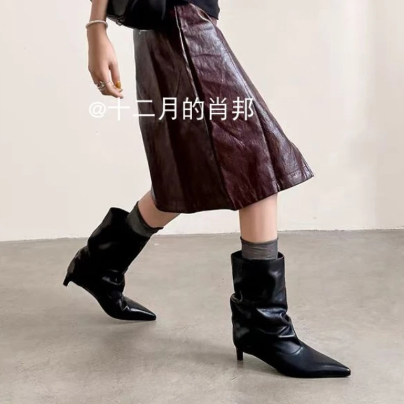 Women's Solid Color High Quality One-pedal Sleeve Fashion Boots 2026 Spring and Autumn New Trend Pleated Design Joker Boots