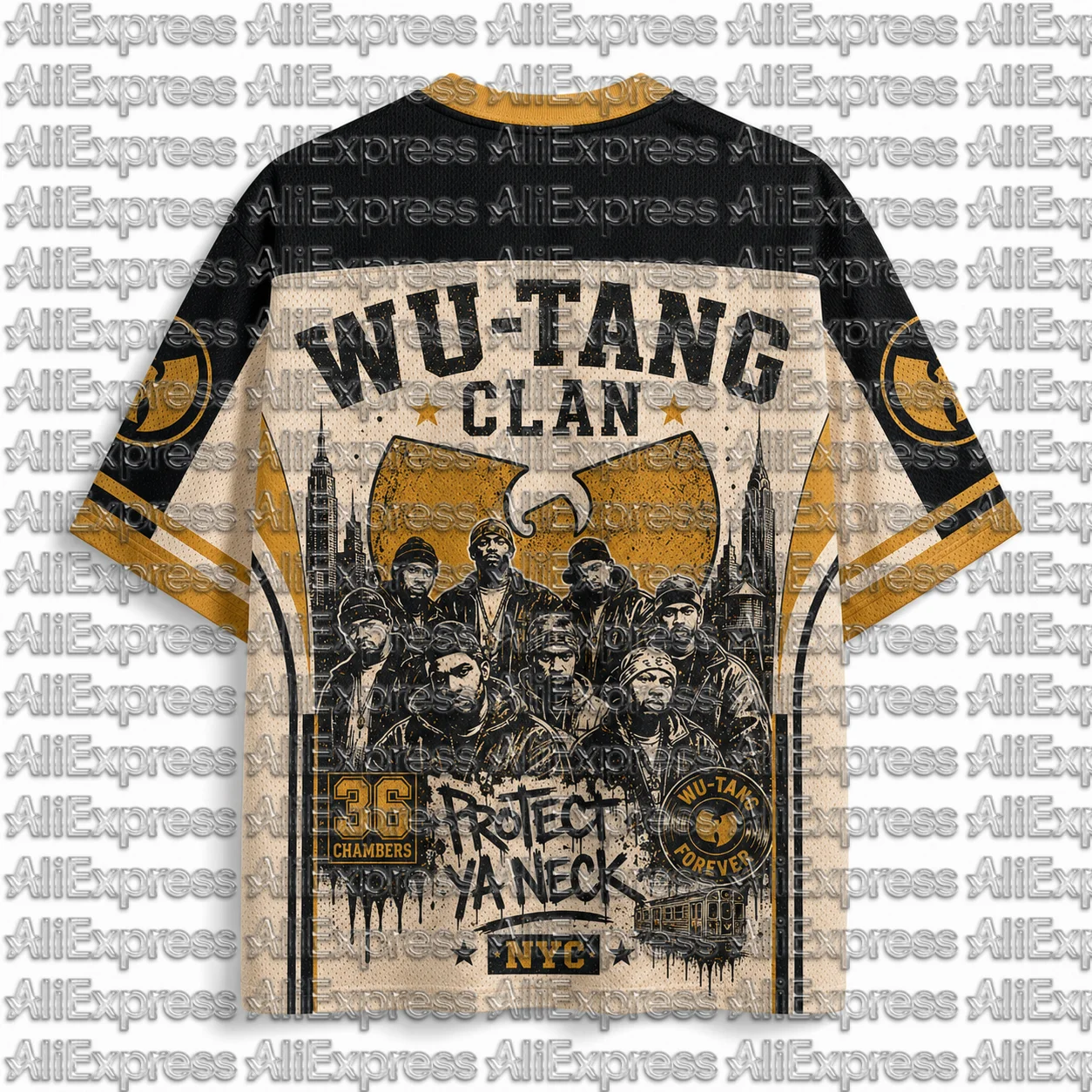 Wu Tang Clan Shaolin Style 36 Room Pattern Men's Mesh V-neck T-shirt Retro New York Hip-hop Rap Street Sports Top