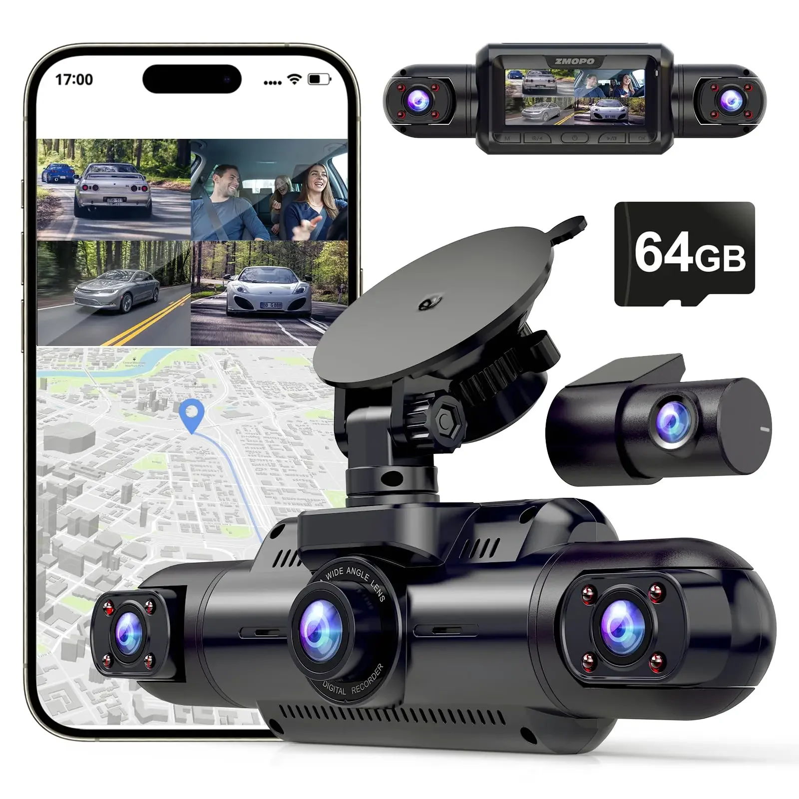 4-Channel Dash Cam Front and Rear Inside Left Right 360 View, Dash Camera for Cars with GPS WiFi, Free 64GB Micro SD Card 1080P