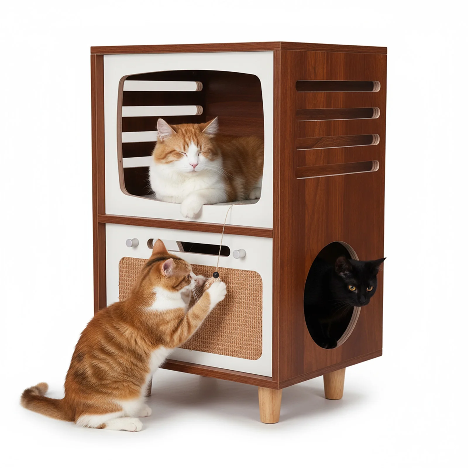 2 In 1 Play House End Table with Scratching Board Two-Tier Indoor Cat Activity Center Retro TV-Style for Indoor Use Cats Beds
